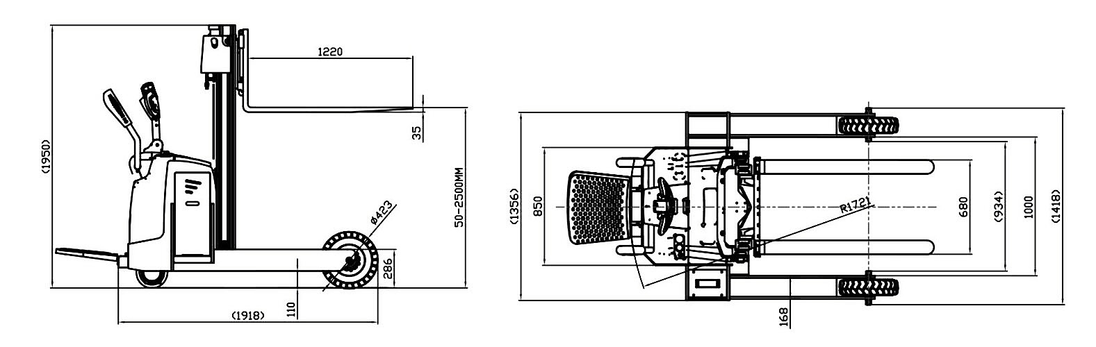 Size of Electric Off-road  Rough Terrain Pallet Stacker